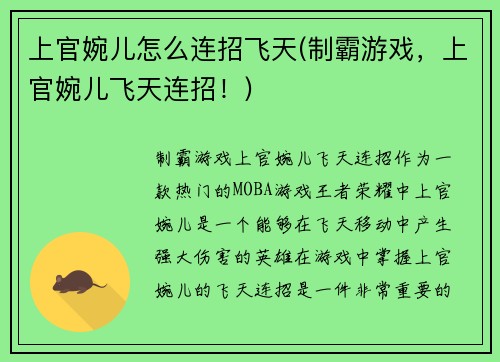 上官婉儿怎么连招飞天(制霸游戏，上官婉儿飞天连招！)